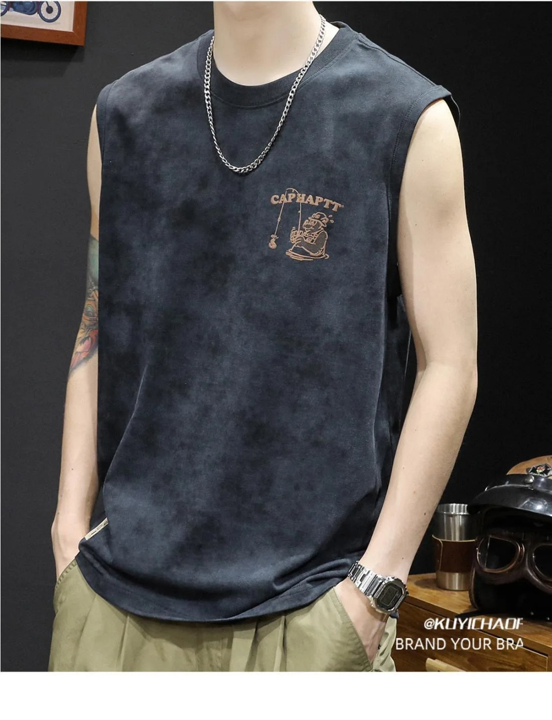 Heavy duty summer round neck mens sleeveless vest loose large street print sports full matching T-shirt 250403