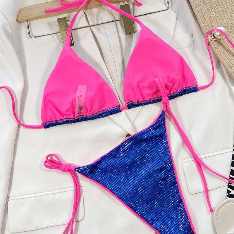 Sexy Blue Shiny Swimsuit 2024 Women 2 Piece Bikini Suspender Triangle Cup Swimwear Beach Bathing Suit Low Waist Thong Monokini