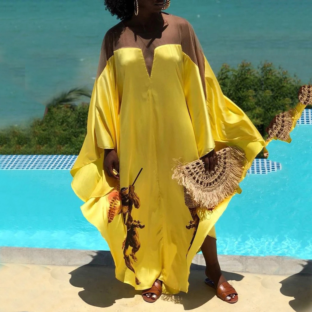 2025 New Large Womens Yellow Fashion Digital Printed Dress