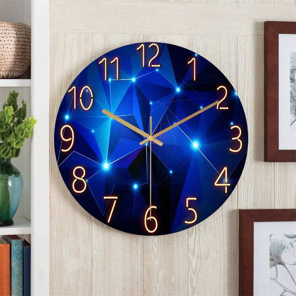 1pc 12inch Wall Clock Geometric Elements Dark Blue Thickened Tempered Glass Silent Movement Quartz Living Room Home Decor Gift ddmydog