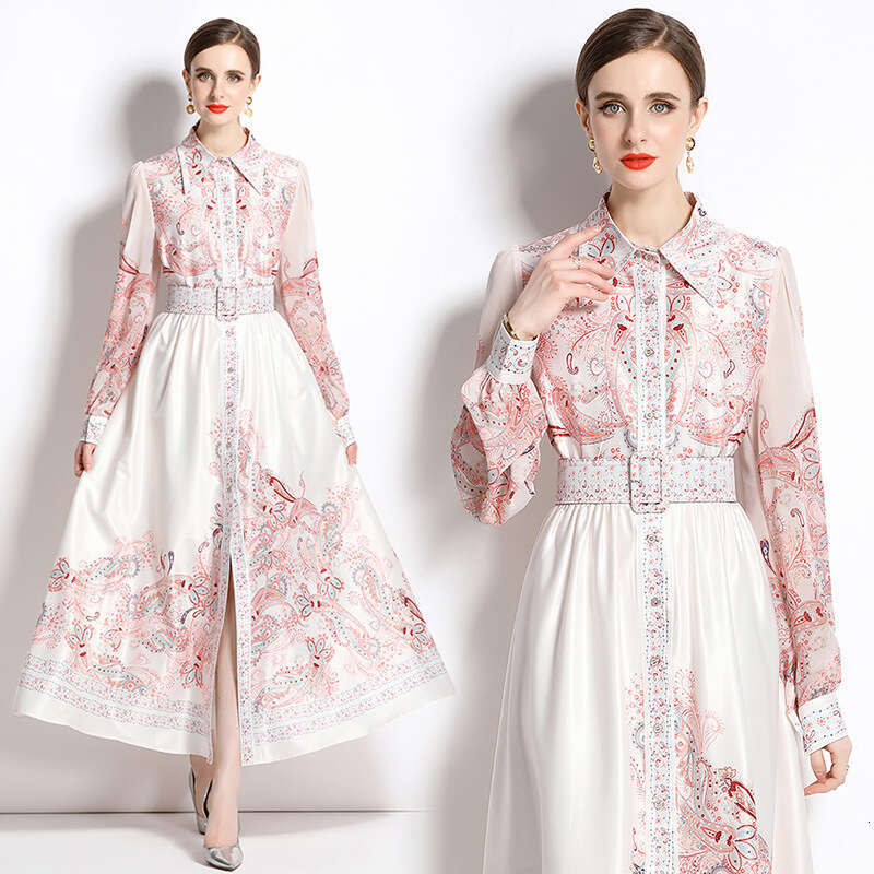 Cross-Border New Fashion In Stock Niche Design Women's Vintage Print Cardigan Single-Breasted Dress
