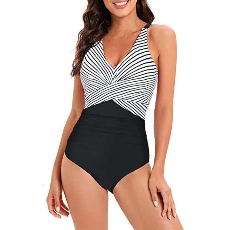 Sexy Stripe Patchwork Swimwear Women 2024 V-neck One Piece Bikini High Waist Slim Monokini Summer Suspender Backless Beachwear