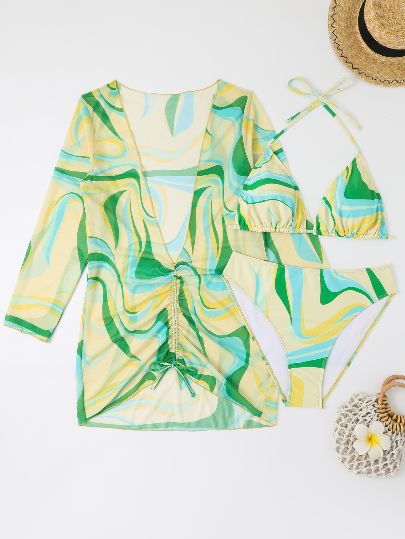 Large size multi-color printed long sleeved mesh hood shirt sexy bikini fat woman three piece vacation women's swimsuit