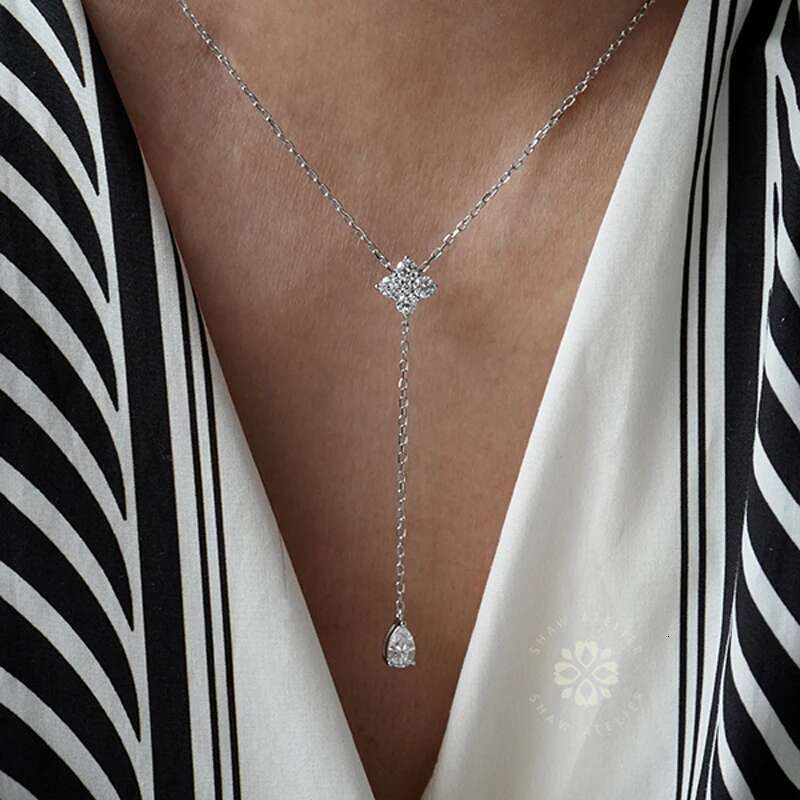 New S Sterg Sier Clover Zircon Water Droplet Shape Pendant O-Chain Choker Necklace Spring Girl Wedding Gift Fine Jewelry