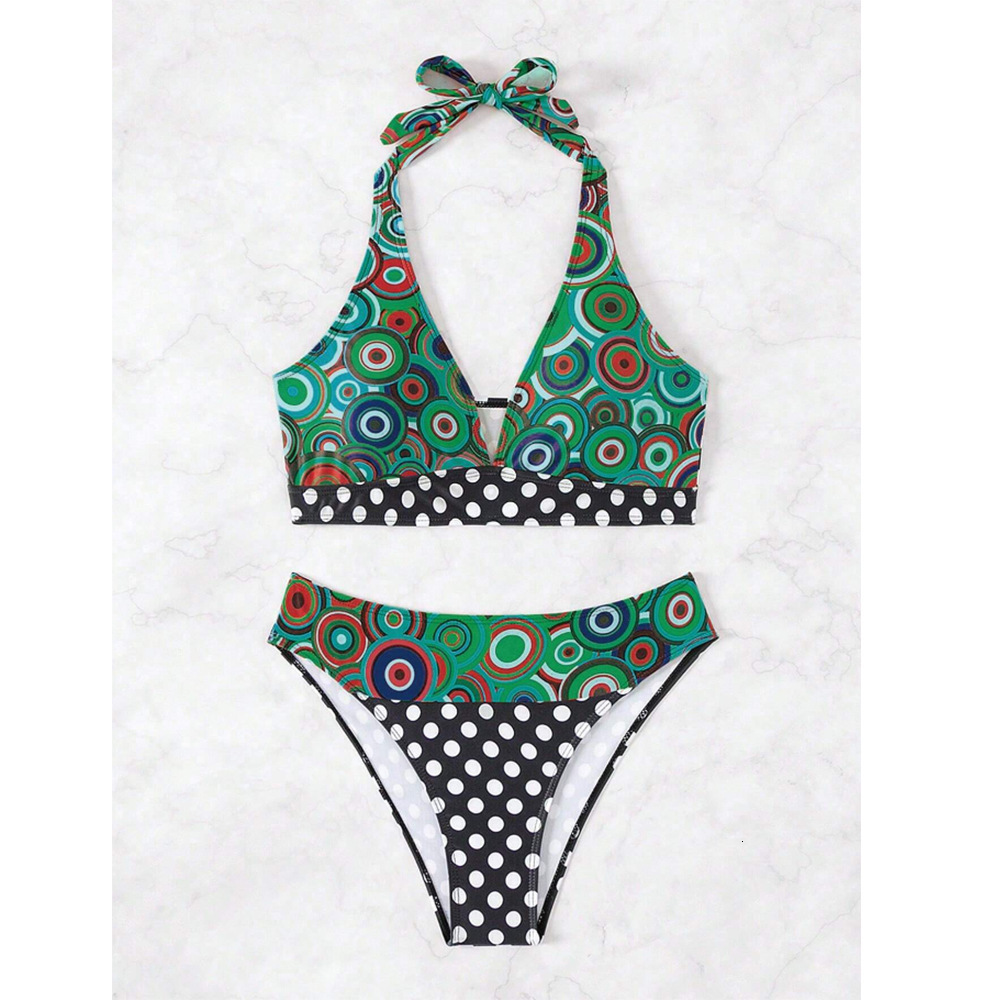 2025 Fashion Split Triangle Women's Printed Splicing Neck Strap High Waist Sexy Bikini Swimsuit Women