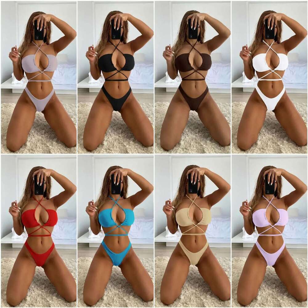 Solid Color Bikini Sexy Hollow Out Bandage Cross Thong Swimwear Women Halter Backless Bathing Suit High Waist Swimsuit 2024 New