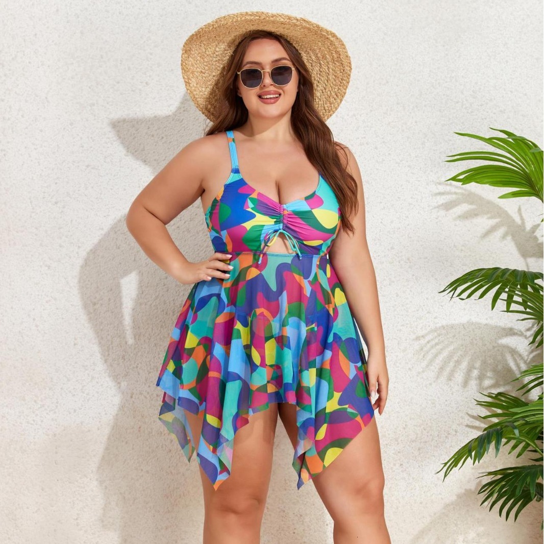 2025 new plus size printed split skirt two-piece set for fat women swimsuit