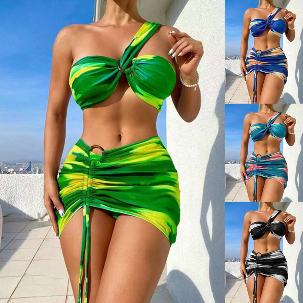 2025 new tie dye printed multi-color split bikini sexy drawstring short skirt three piece swimsuit set