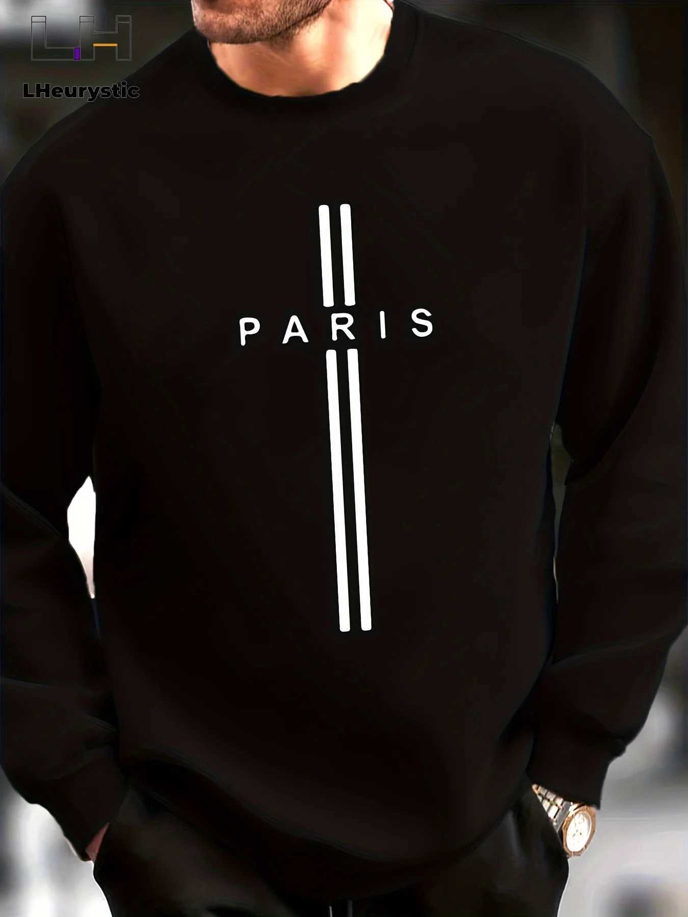 Mens autumn and winter casual sports loose oversized Paris print with fleece warm pullover round neck long sleeved sweatshirt W251106