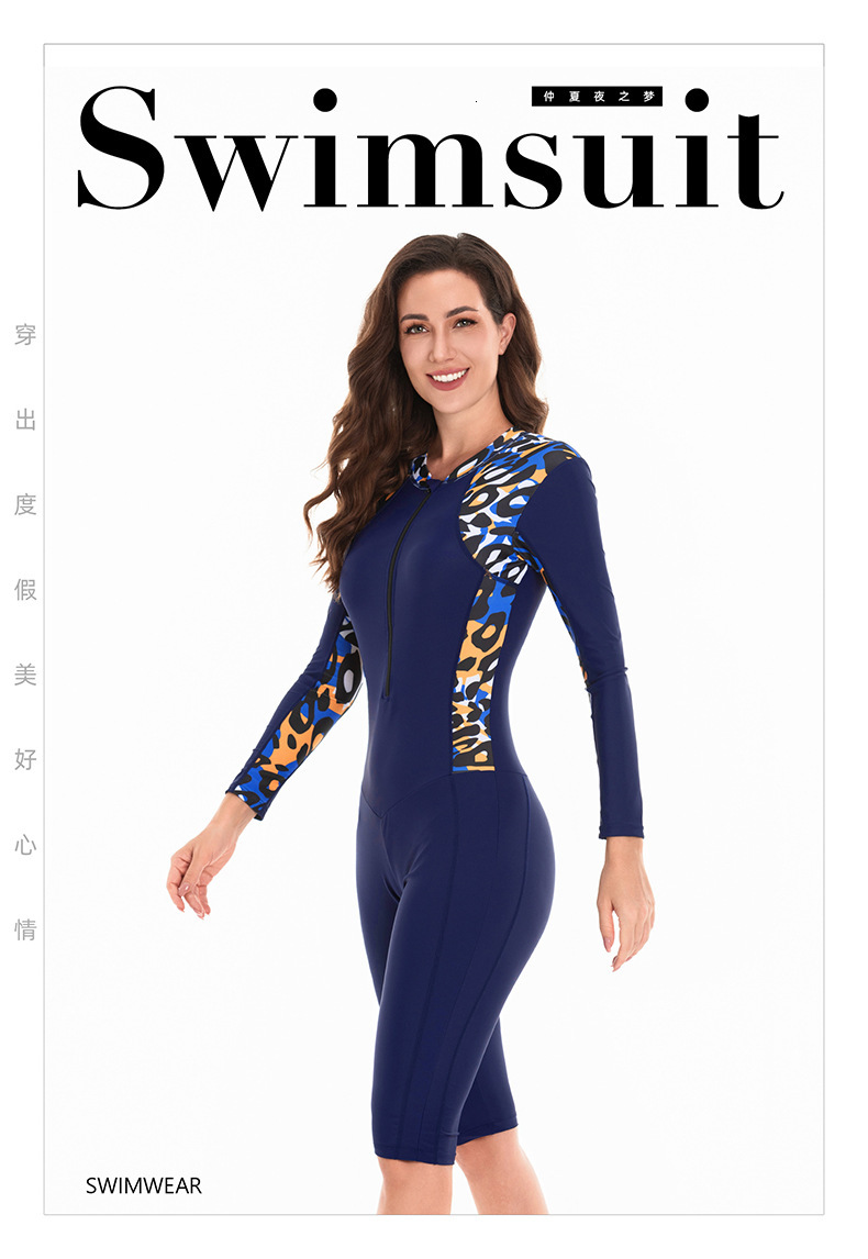 Fashionable printed patchwork zipper long sleeved one-piece flat corner five quarter pants beach snorkeling surfing suit women's swimsuit