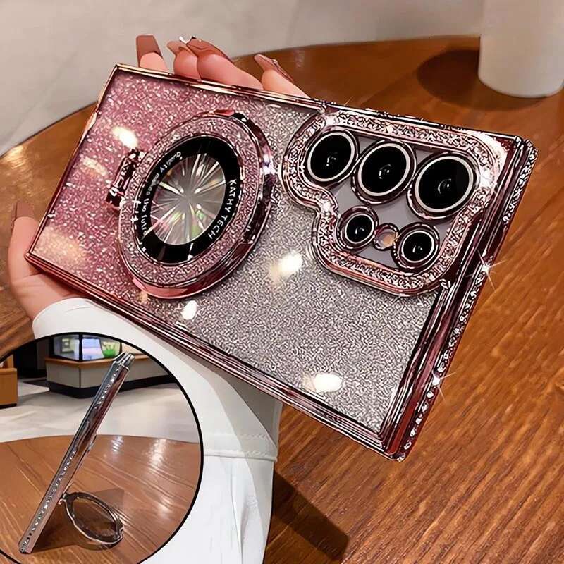 Glitter Magsafe Bracket Dia Case for Samsung Galaxy S25 S24 Ultra S23 S22Plus A55 A35 A25 A24 A15 A05S Plating Cover