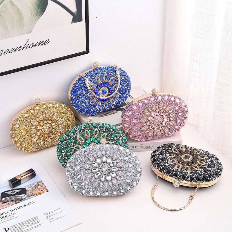 Gold Round Bag Brand Rhie Clutch Bags For Women 2024 Crystals Party Purses Dia Designer Crossbody Handbags