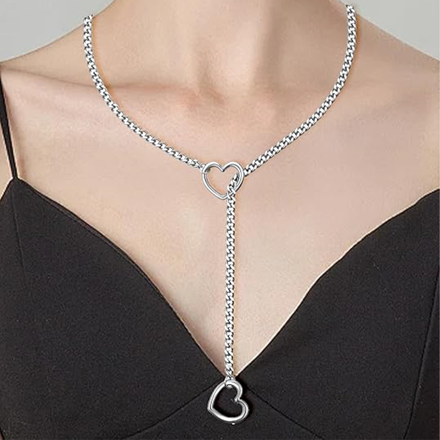 Heart Slip Chain Necklace for Women Men Stainless Steel Adjustable O-Ring Lariat Cuban Collar Choker Necklace Jewelry Punk Rock Gothic Y-Necklace Red 