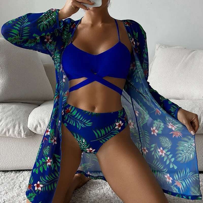 2024 Long-Sleeve Print Tulle Cover-Up Swimsuit Three-Piece Bikini Set Women Cross Bandage Sexy Suspender Swimwear Bathing Suit