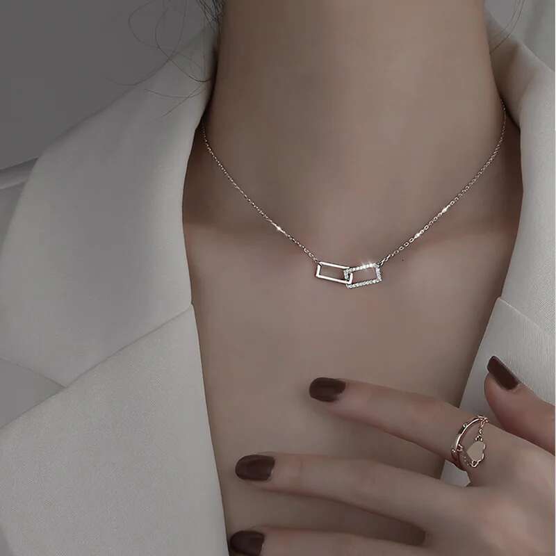 New S Sterg Sier Geometric Shiny Rectangle Pendant Zircon Zirconia Necklace for Girls Fine Jewelry Wholesale