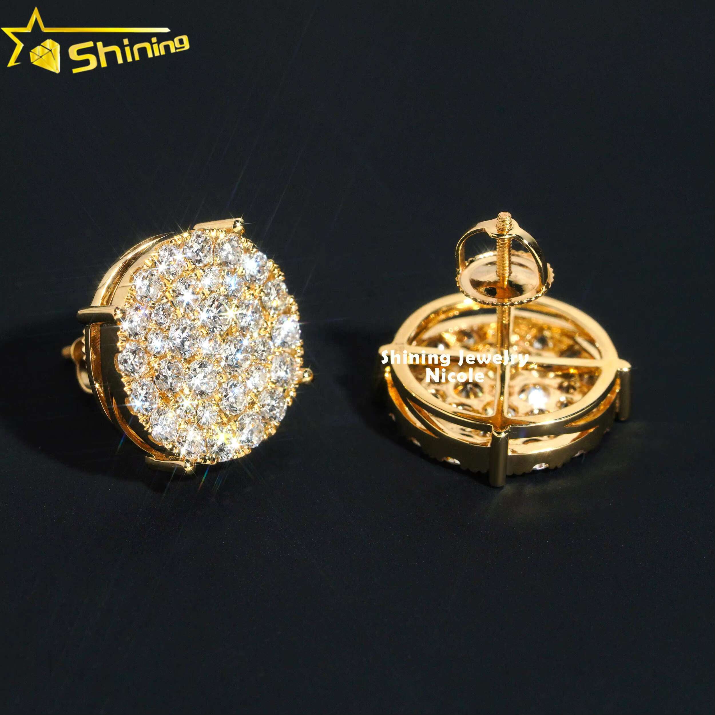 Luxury Hip Hop Yellow Gold Certified Iced Out Top Quality Solid 18k Gold Lab Diamond Earrings