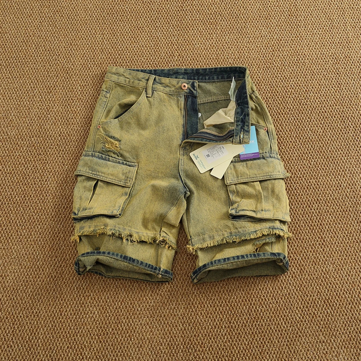 Personality Yellow stains old washed denim shorts mens summer pockets multi pocket cargo quarter pants 250402