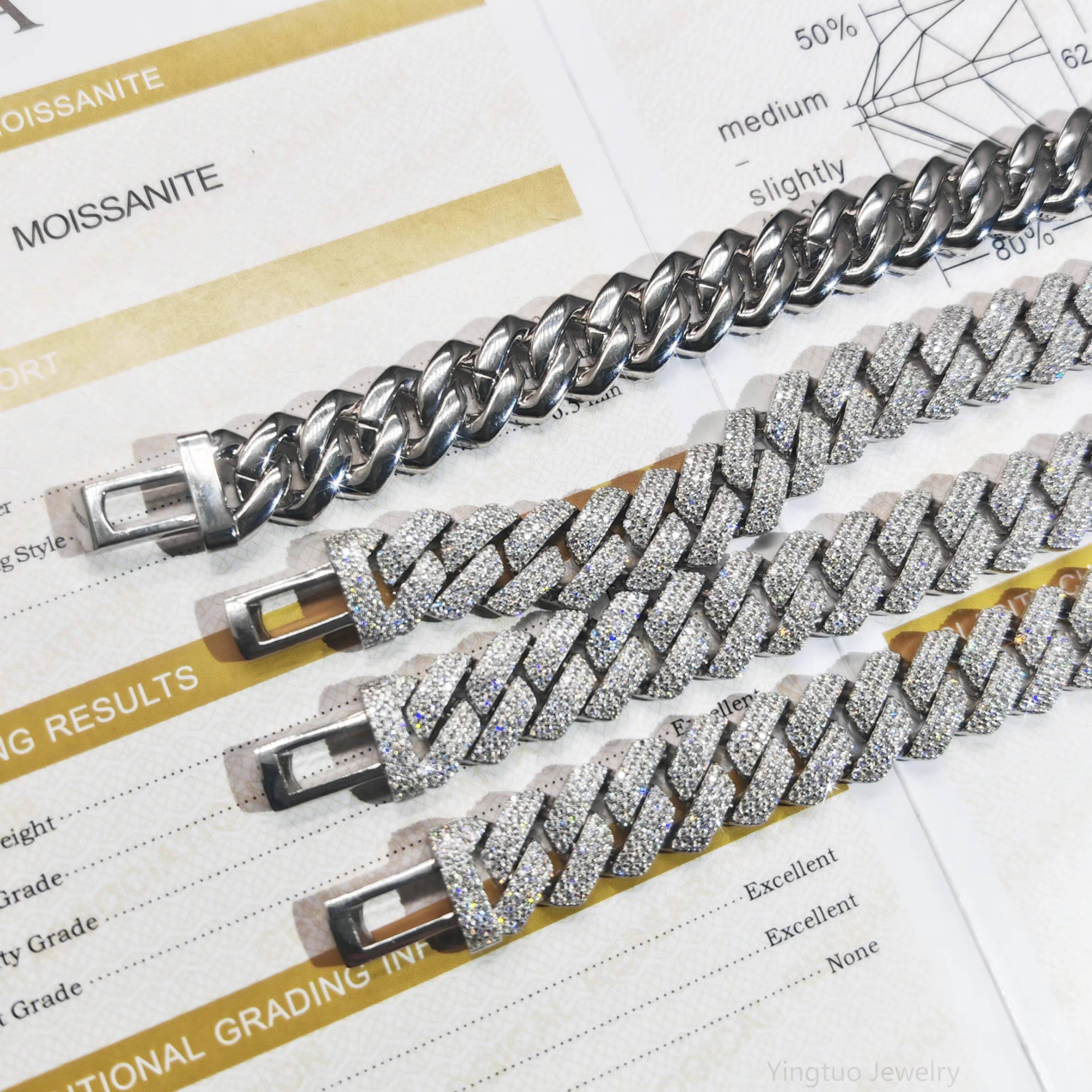 Luxury Hip Hop Style 925 Sterling Silver Moissanite Style Cuban Link Chain Fully Iced Out Chain Round Cut Diamond Chain for Men