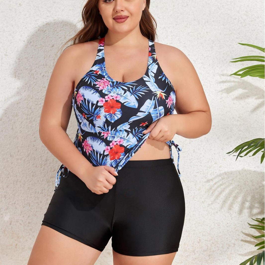 Large digital print with drawstring on both sides, independent shorts set, bikiniga plus fat women's swimsuit