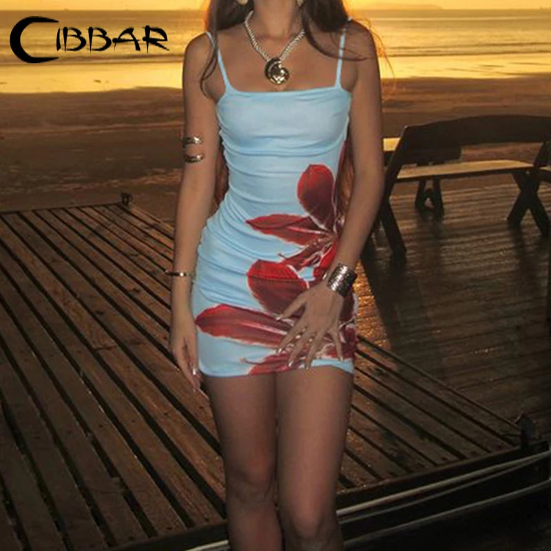 CIBBAR holiday floral print dress with summer casual tight fitting sleeveless mini dress for women y2k fashionable clothing for women 250401