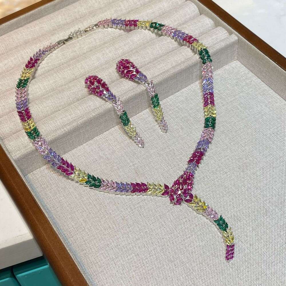 Luxurious Heavy Craft Necklaces Pink Prom Performance Mixed Color Micro Inlaid Party Dress Matching Elegant Earrings Set