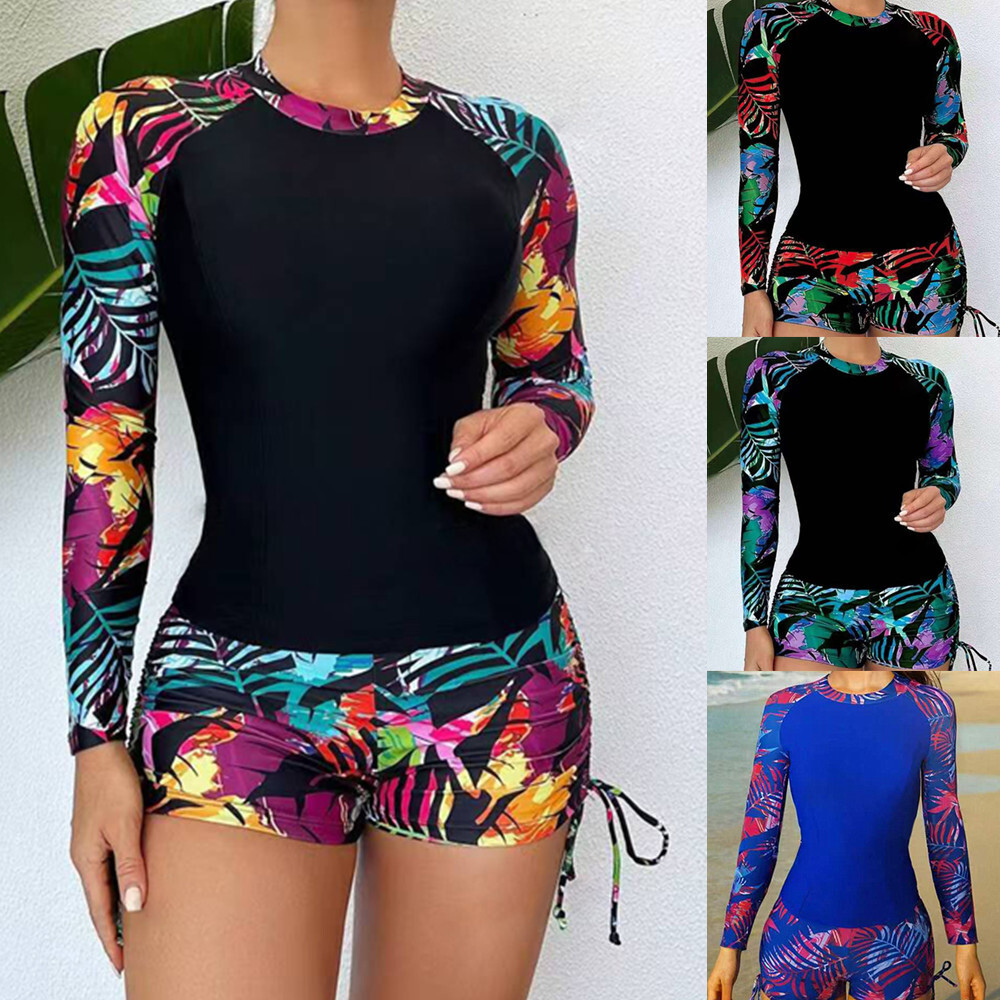 2025 beach racing snorkeling surfing suit long sleeved drawstring flat angle pants sun protection conservative swimsuit for women