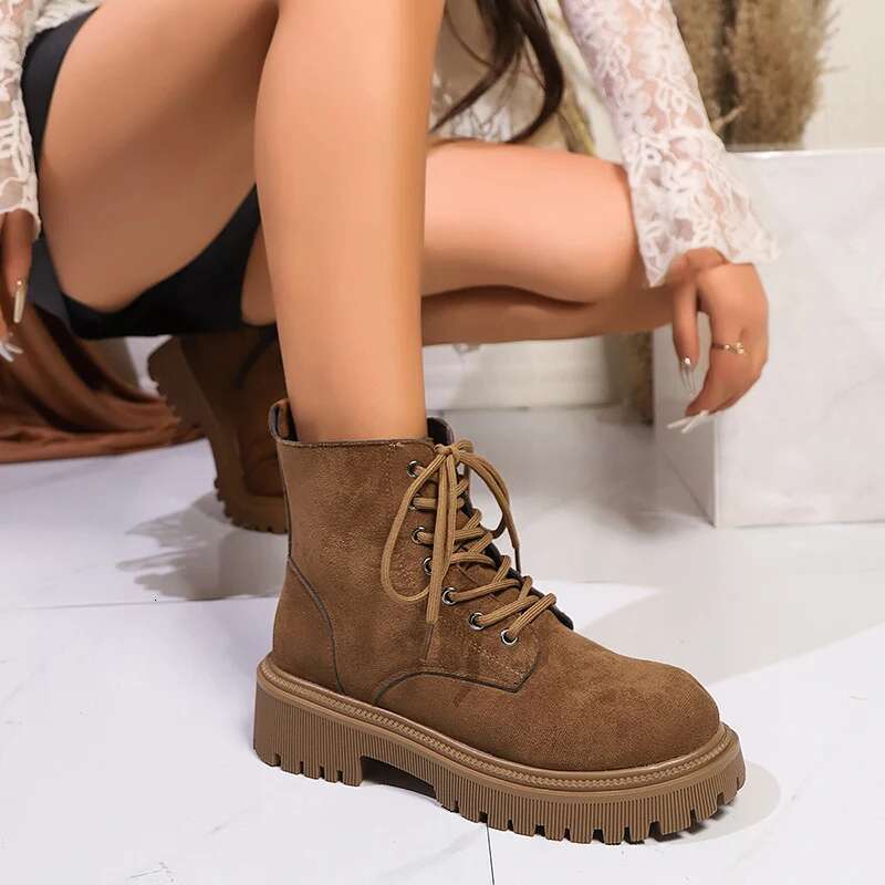 Retro Chunky Platform Ankle Women 2025 Spring Lace Up Brown Combat Boots Woman Faux Suede Low Heels Short Botas Mujer