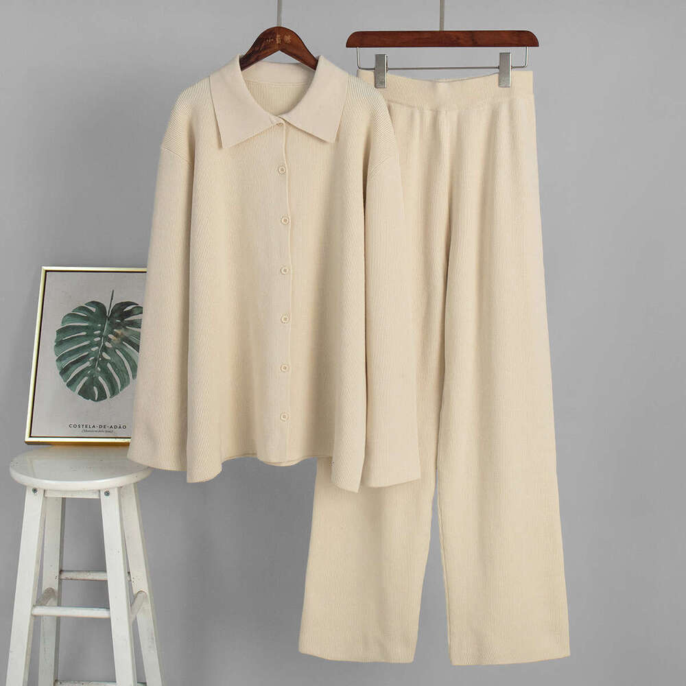 Cross-Border Turn-Down Collar Long Sleeve Knitted European and American 2025 Autumn Winter New Style Elegant Loose Commuting Ribbed Sweater Suit