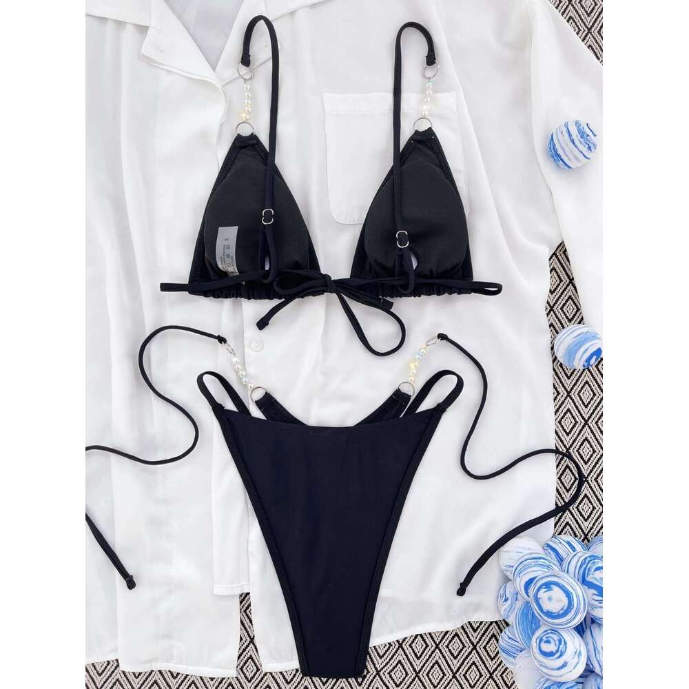 Solid Black 2-piece Swimsuit for Women,Pearl Chain Suspender Bikini,high Waist Thong Beach Backless Bathing Suit,swimwear 2024