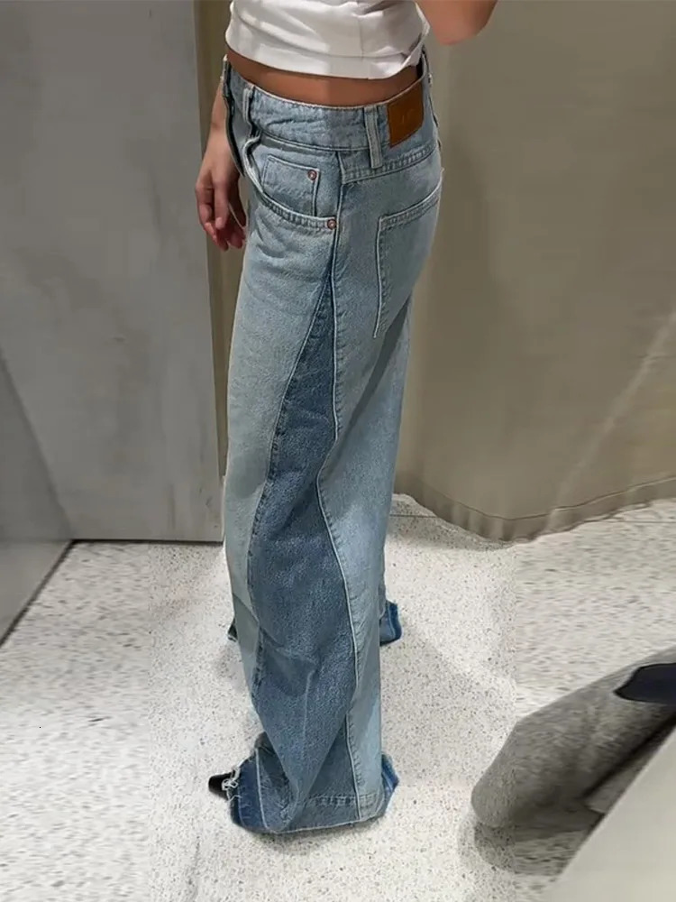 Vintage Contrast Patchwork Women Denim Pants Baggy Wide Leg Straight Jeans Trousers Fashion Trendy Casual Elegant High Street Z260313