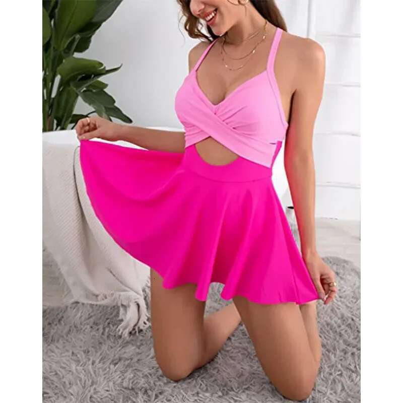 Patchwork Swimwear Women 2023 V-neck One Piece Bikini High Waist Hollow Out Monokini Summer Cross Bandage Backless Beachwear