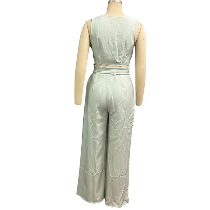 Wefads Womens 2piece Summer Fashion Solid Vneck Sleeveless Double breasted Button Top with Belt Straight Pants Set 250403