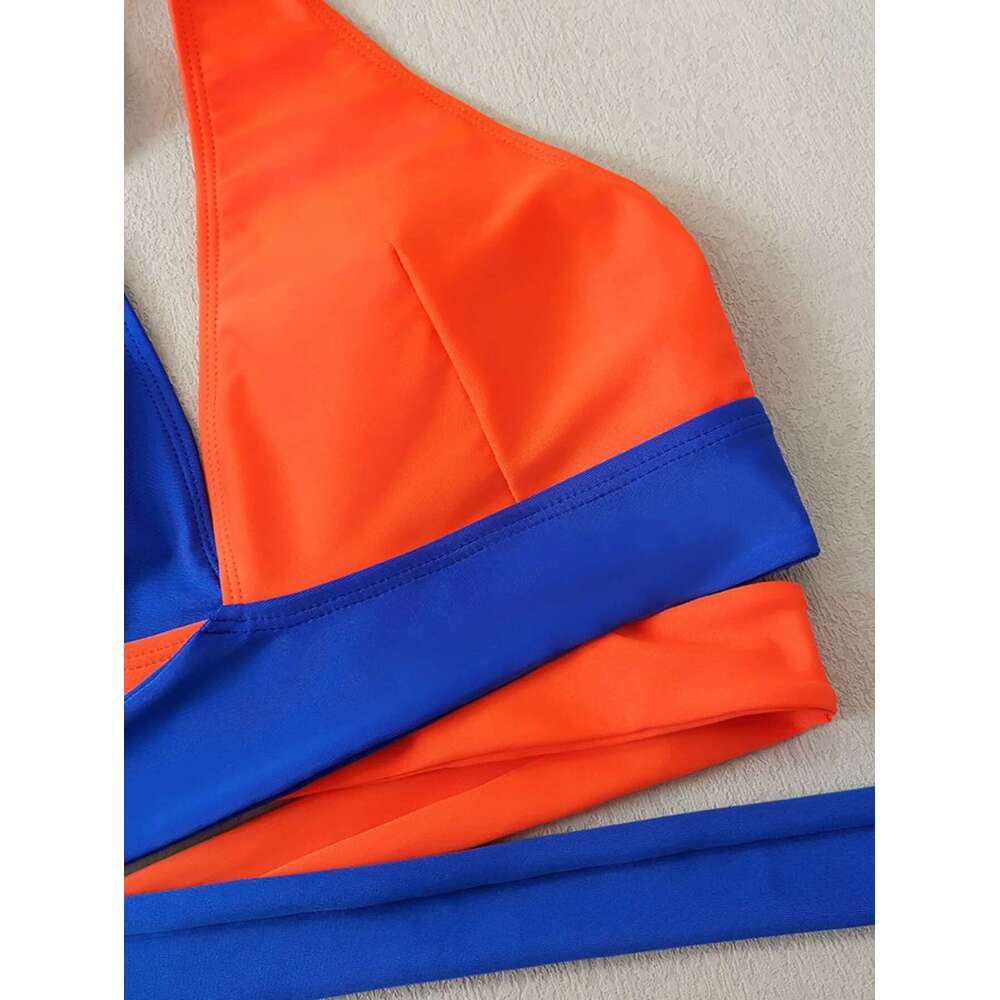 Solid Color Patchwork Bikini Set Adjustable Waist Belt 2 Piece Swimsuit for Women V-neck Halter Backless Beach Bathing Suit 2025