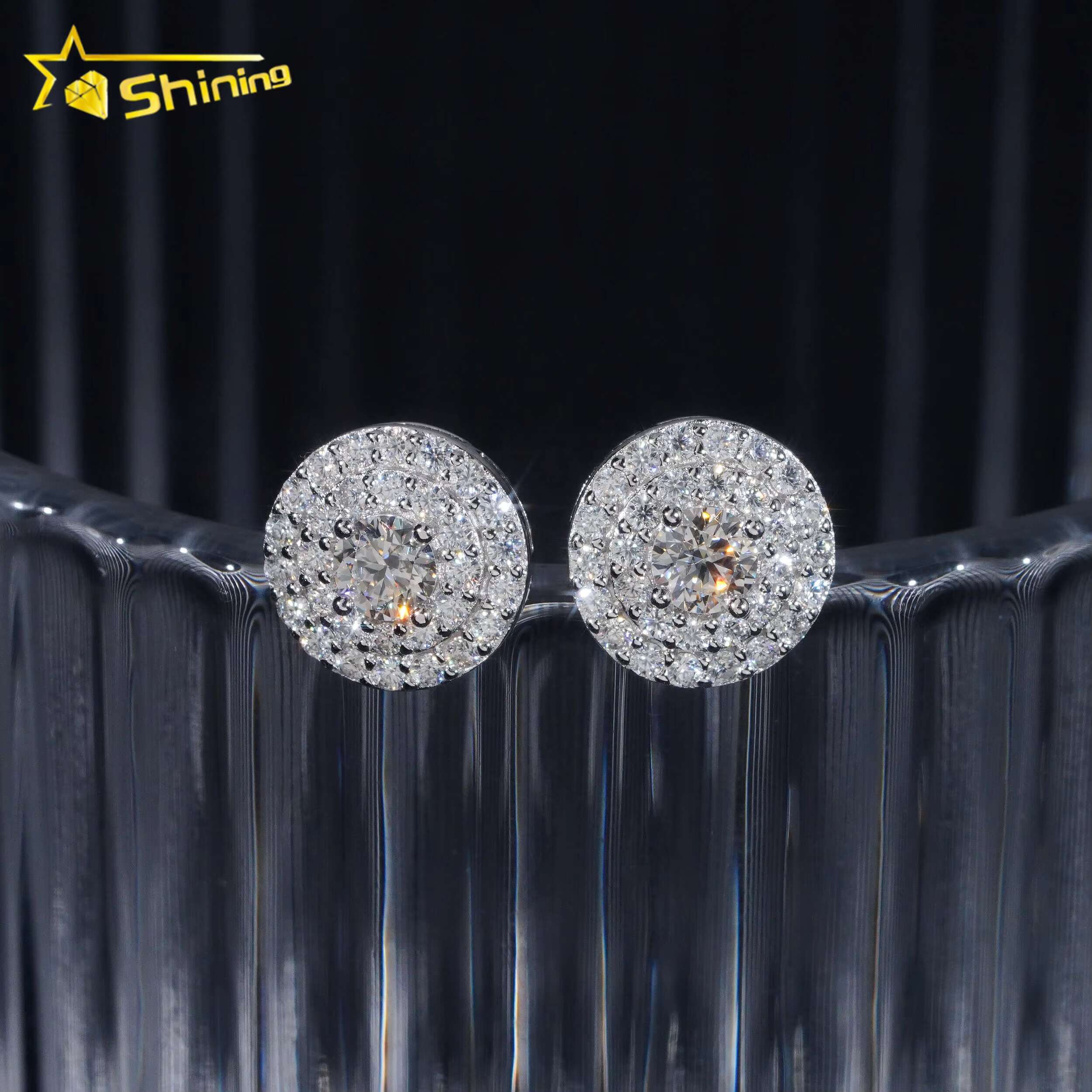 Pass Dia Tester Sterling Sier Round Cluster Iced Out Mens Moissanite Stud Earrings