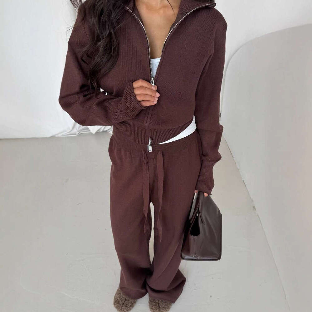 2025 Autumn New Solid Color Inner Knitted Two-Piece Set High-End Casual Elegant Straight-Leg Suit for Women Outerwear