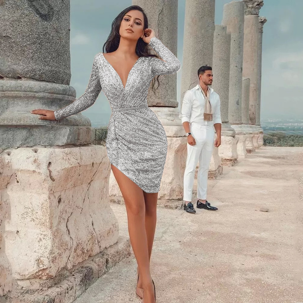 2025 Autumn New Womens Sexy Deep v Long Sleeve Slimming Pencil Dress