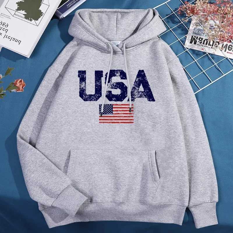 Usa Letters American Flag Stars And Stripes Hoodie Men Women Fleece Hoody Fleece Oversize Sweatshirt Autumn Pocket Clothes W251106