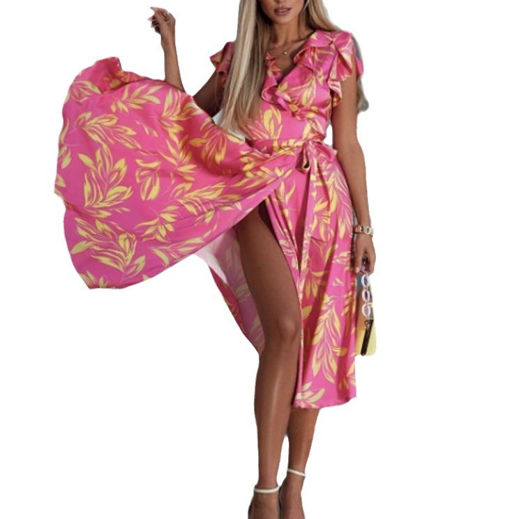 2025 Spring New Trendy Womens Style Printed V-neck Bubble Sleeves Leaf Fold Waist Split Dress