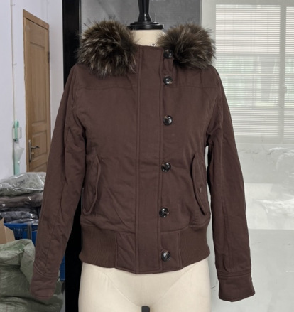 American Vintage Y2K Fur Lined Bomber Jacket Womens Brown Hooded Coat with Faux Fur Trim and Ribbed Cuffs Fashionable and Casual251022