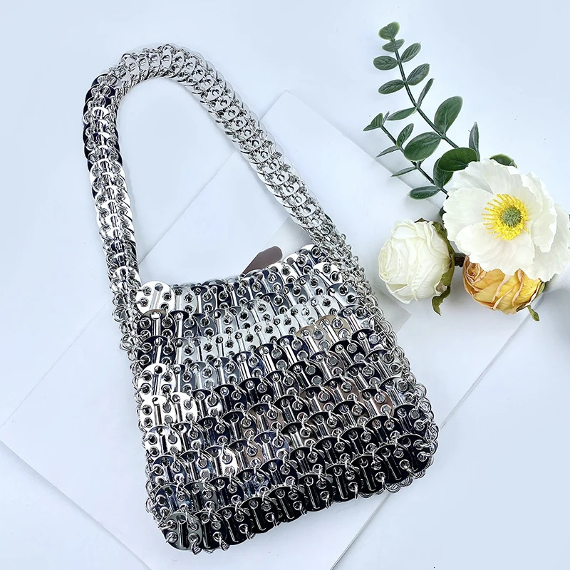 Shiny vintage iron sheet bag hand-woven silver sequins metal dumpling bag mobile phone bag handbag shoulder bag 251106