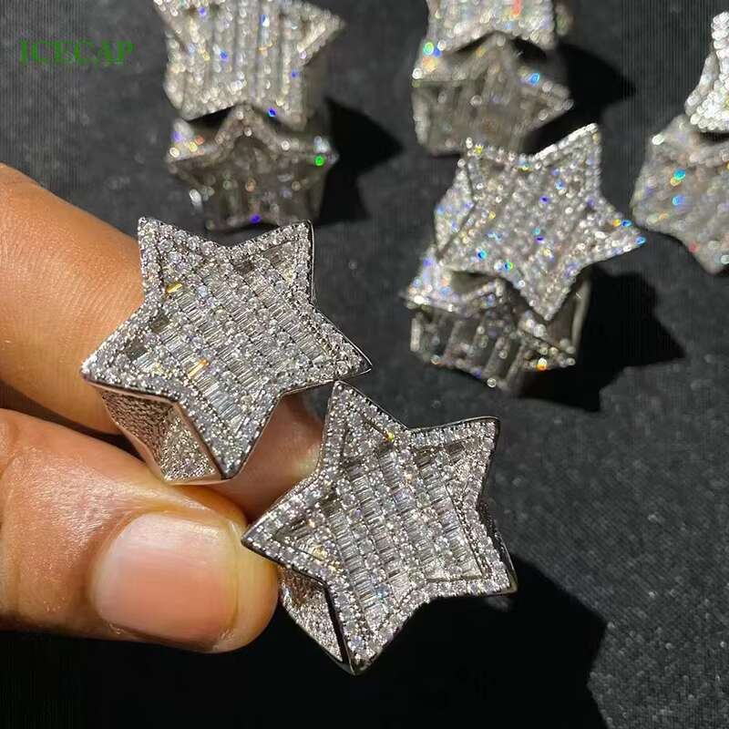 Full VVS Moissanite Hip Hop Baguette Cut Diamond 925 Silver Star Ring Men Women Luxury Party Jewelry