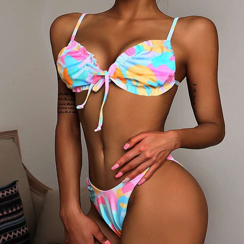 Sexy Ruffle 2-piece Swimsuit for Women,color Printing,mini Bikini,wrinkle,low Waist,V-neck,suspender,backless,lace-up,swimwear