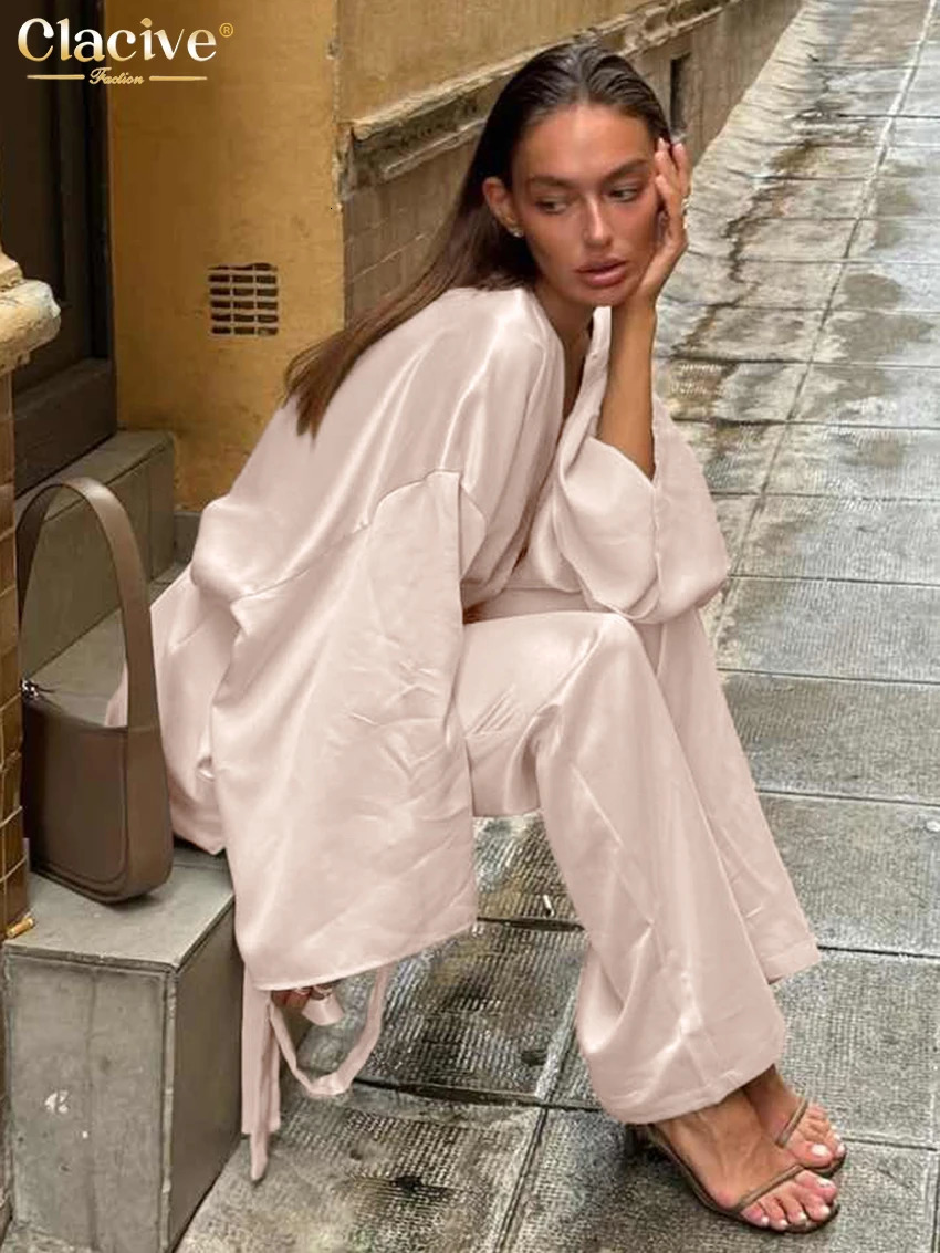 Clacive casual loose beige satin womens two-piece set elegant long sleeved lace pantyhose set 250402