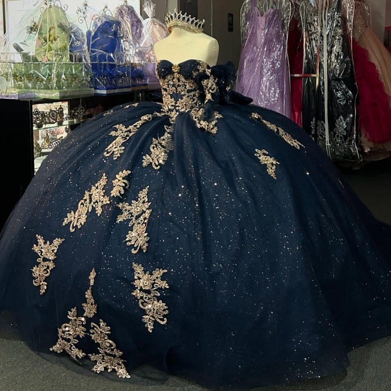 Navy Blue Quinceanera Dresses Off Shoulder Ball Gown Sweet 16 Dress Applique Lace Bow Beads Tull Birthday Party Vestidos 15 De Anos