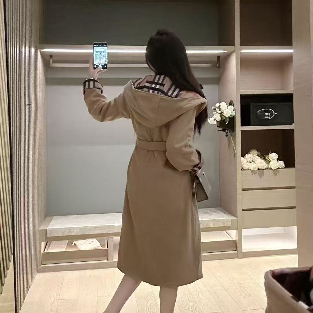 2026 hooded coat autumn and winter new blend wool women's long plaid loose double seam trench coat