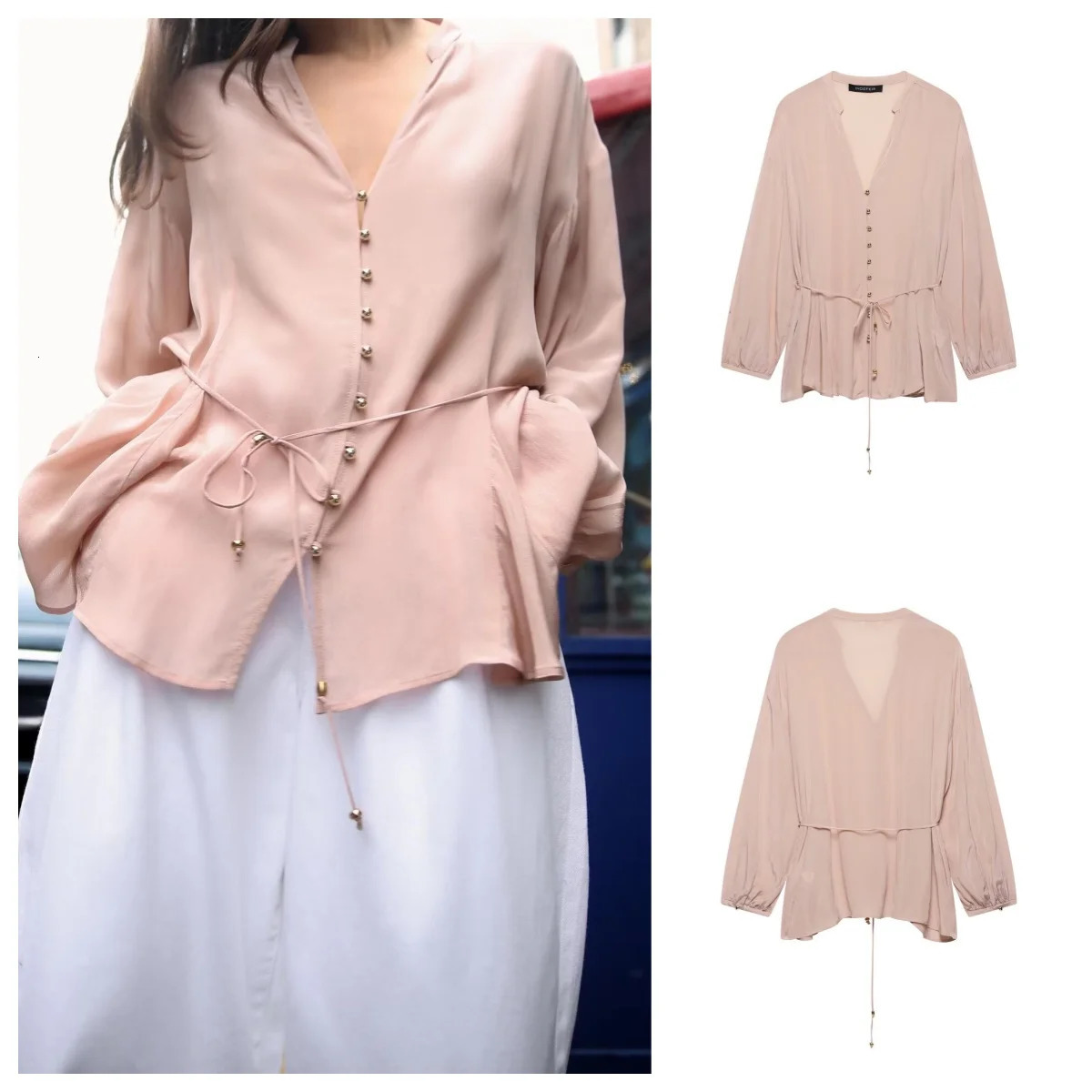 European and American style 2025 spring linen blended thin belt loose casual long-sleeved shirt 250402