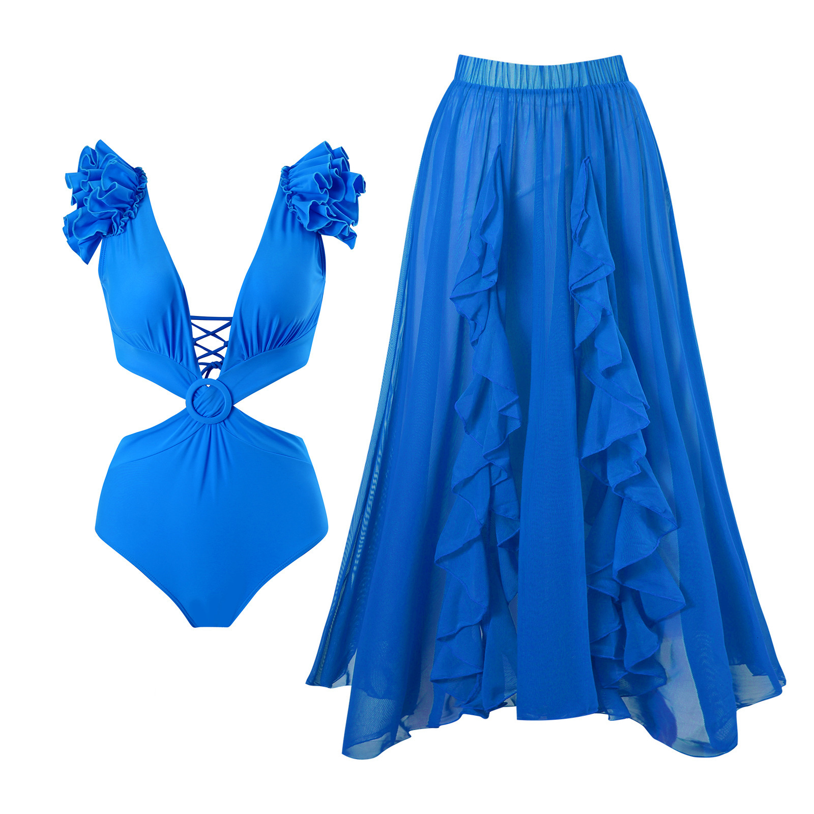 2025 New Bohemian Style jumpsuit, mesh long skirt, beach vacation set, sun protection multi-color swimsuit for women