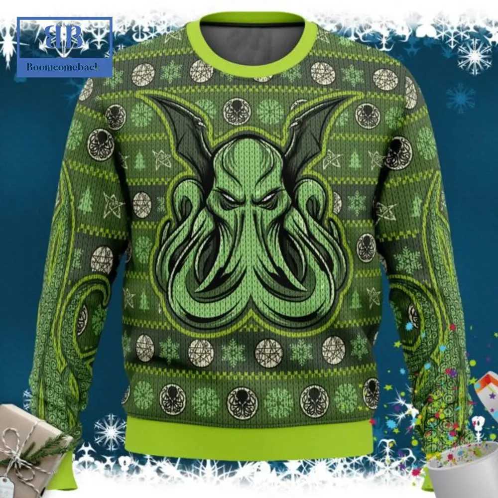 Christmas Ugly Sweater Cthulhu Octopus Face Dark And Bizarre Black Green Snowflake Christmas Elements Winter Sweater Pixel Style L251106