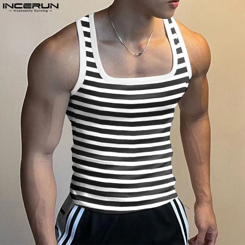 INCERUN Mens Striped Tank Top Square Collar Sleeveless Fitness Summer Mens Street Clothing Fashion Casual Mens Clothing 250403