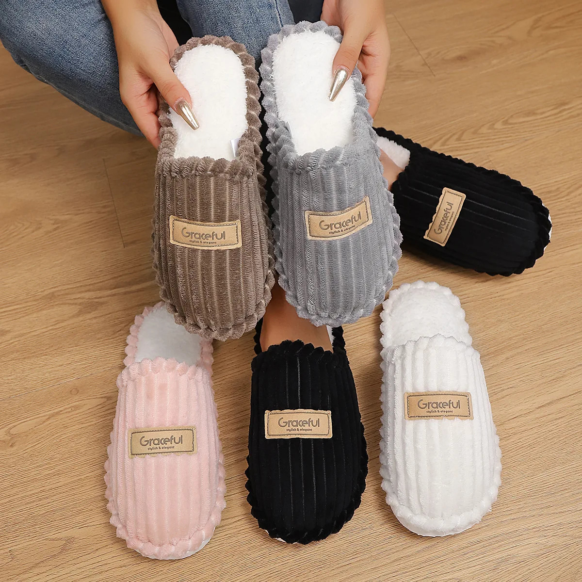 Womens Black Faux Fur Plush Flip Flop Slippers, Pull-On Outdoor Recreation House Shoes with White Sole - view 3